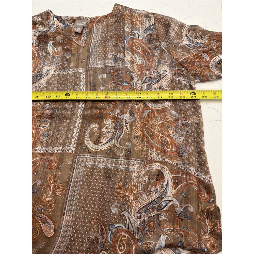 Chicos Top Shirt Blouse Womens Size 3 US XL Brown Paisley Sheer Light V Neck - Picture 8 of 9